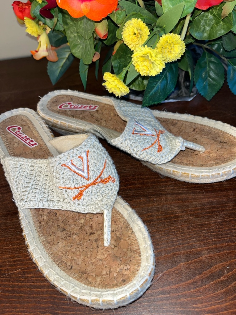 Cruzer Crocheted Beige Cork Toe-Post Sandals with Orange Embroidery
